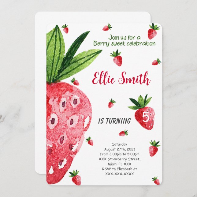 Editable Strawberry Birthday Einladung (Vorne/Hinten)