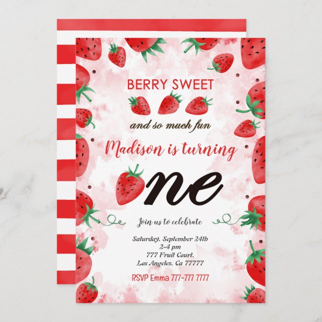 Editable Strawberry Birthday Einladung (Vorne/Hinten)