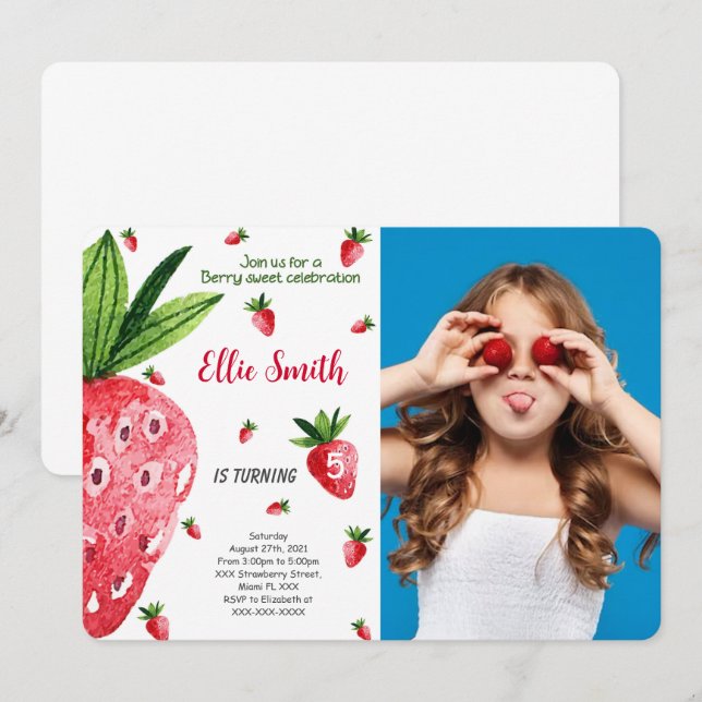 Editable Strawberry Birthday Foto Einladung (Vorne/Hinten)