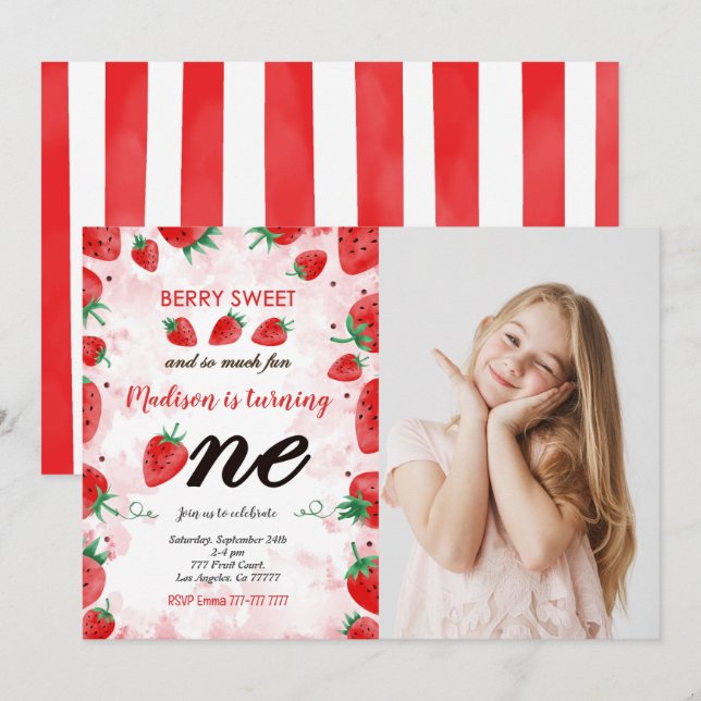 Editable Strawberry Birthday Foto Einladung (Vorne/Hinten)