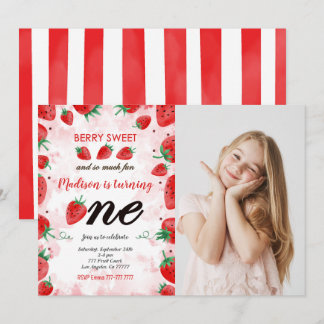 Editable Strawberry Birthday Foto Einladung