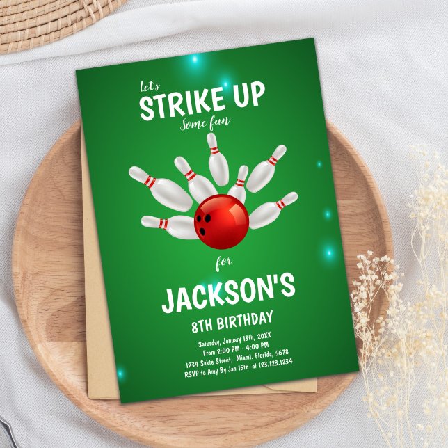 Editable Strike Party Einladung für Kinder (Green Background Bowling Birthday Invitations)