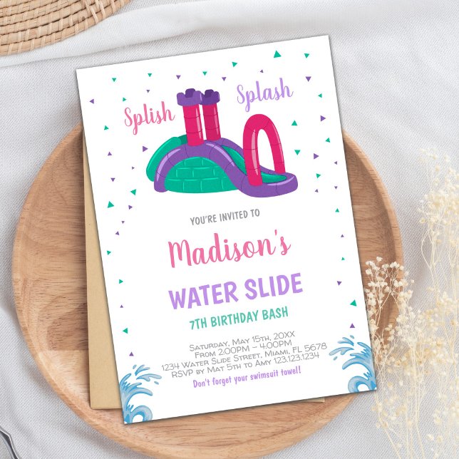 Editable Summer Splash Party Einladung für Girls (Purple Pink Water Slide Birthday Invitations)