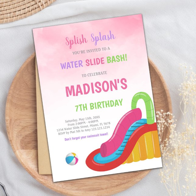 Editable Summer Splash Party Einladung für Girls (Pink Water Slide Birthday Invitations)