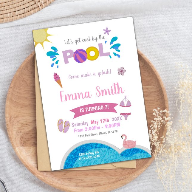 Editable Summer Swim Party Einladung für Mädchen (Sun Pink Purple Pool Birthday Invitations)