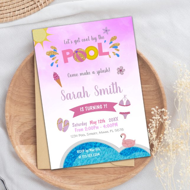 Editable Summer Swim Party Einladung für Mädchen (Purple Pool Birthday Invitations)