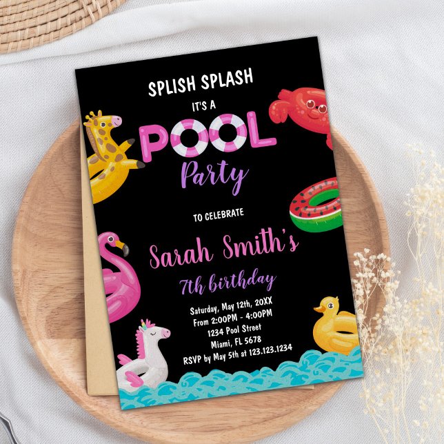 Editable Summer Swim Party laden Einladung (Black Red Green Pool Birthday Invitations)