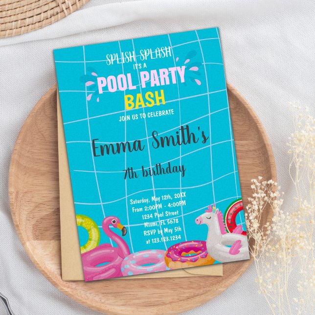 Editable Summer Swim Party laden Kinder ein Einladung (Pool Bash Birthday Invitations)