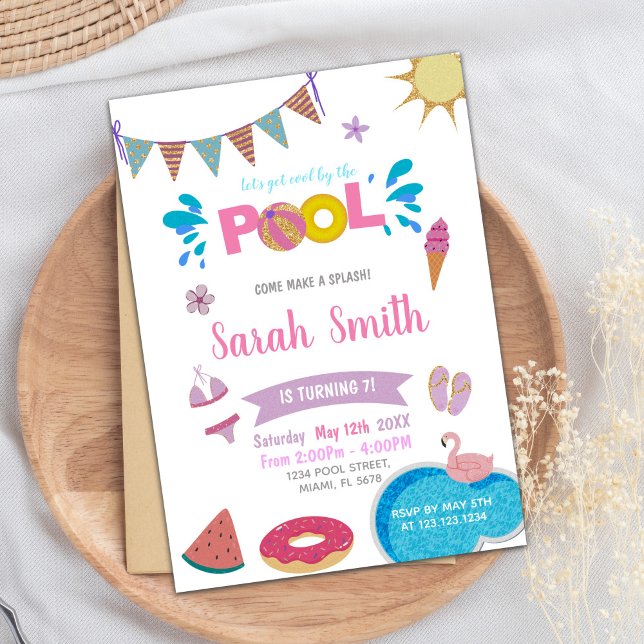 Editable Sweet & Magical Summer Party laden ein Einladung (Unicorn Donut Pink Pool Birthday Invitations)