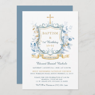 Editable Taufe Blue and Gold Monogram Einladung