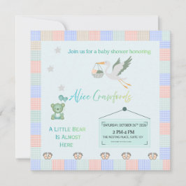 Editable Teddy Bear & Stork Blue Plaid Baby Shower Einladung