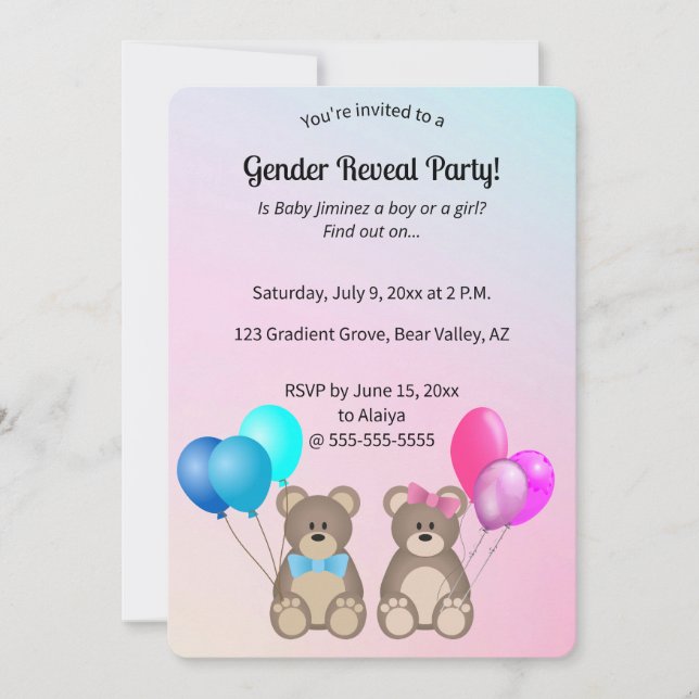 Editable Teddy Bears and Balloons Gender Reveal Einladung (Vorderseite)