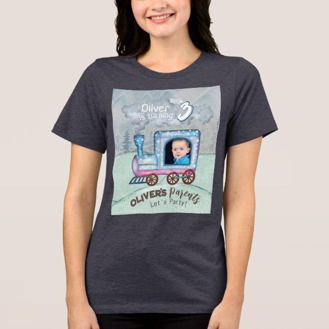 Editable Train Birthday thematisch Tri-Blend Shirt (Vorderseite)