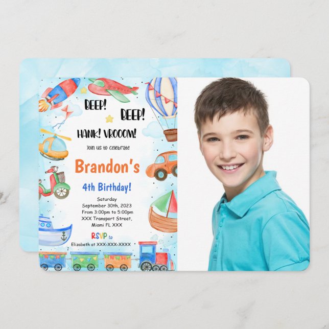 Editable Transportation Birthday Party Foto Einladung (Vorne/Hinten)