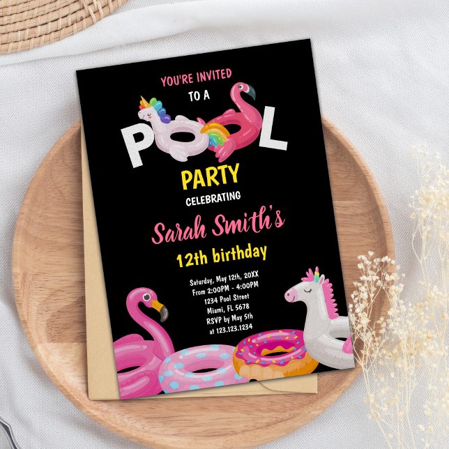Editable Tropical Summer Swim Party laden Einladung (Flamingo Unicorn Pool Birthday Invitations)