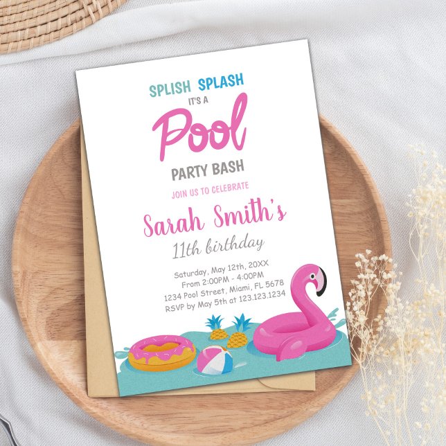 Editable Tropical Summer Swim Party laden Einladung (Pink Flamingo Pool Birthday Invitations)