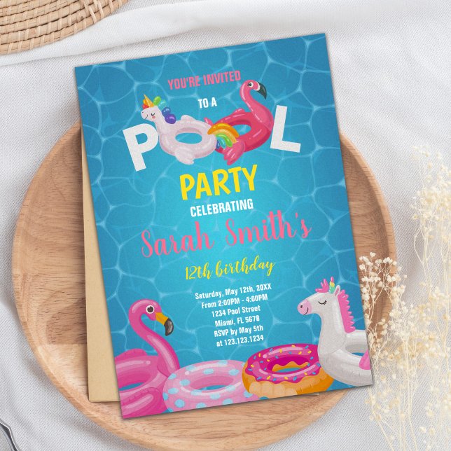 Editable Tropical Summer Swim Party laden Einladung (Pink Flamingo Pool Birthday Invitations)