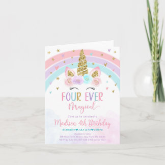 Editable Unicorn 4. Geburtstag Einladung Vier je
