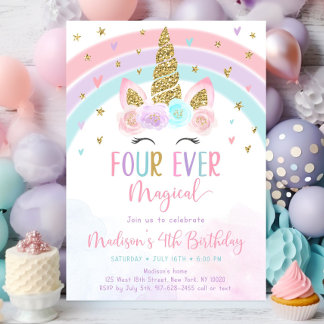 Editable Unicorn 4. Geburtstag Einladung Vier je
