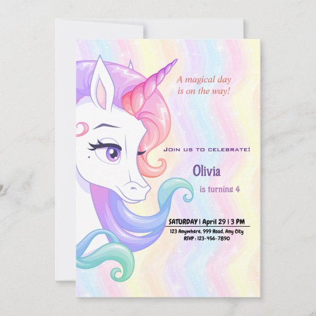 Editable Unicorn Birthday Einladung (Vorderseite)