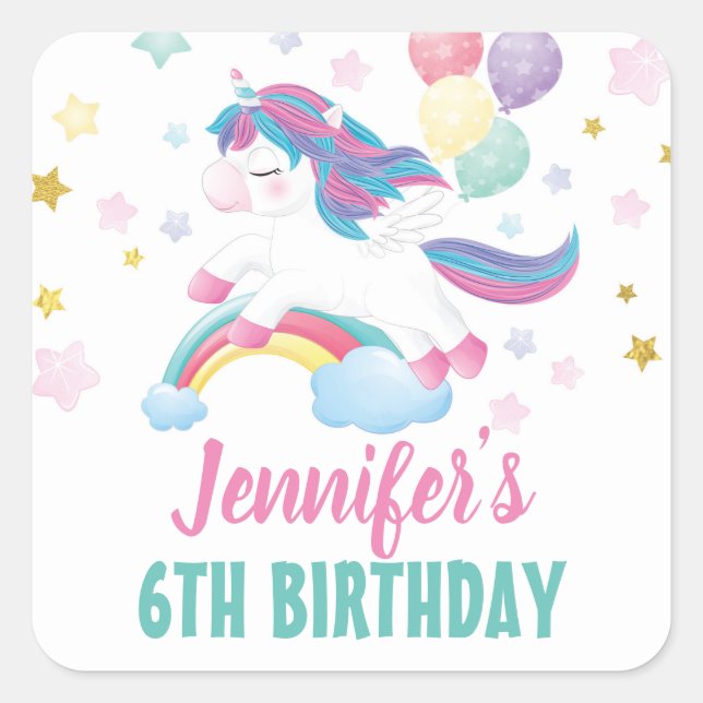 Editable Unicorn Birthday Party Gefallen Quadratischer Aufkleber (Vorderseite)