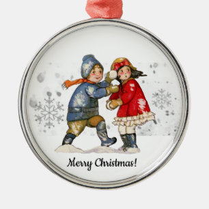 Editable Vintag Snowball Boy Girl Snow Weihnachten Ornament Aus Metall