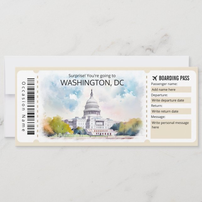 Editable Washington DC Flugzeug Ticket, Washington Einladung (Vorderseite)