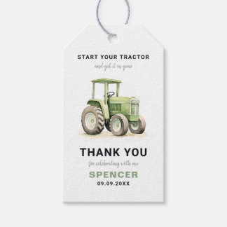 Editable Watercolor Green Tractor Birthday Geschenkanhänger