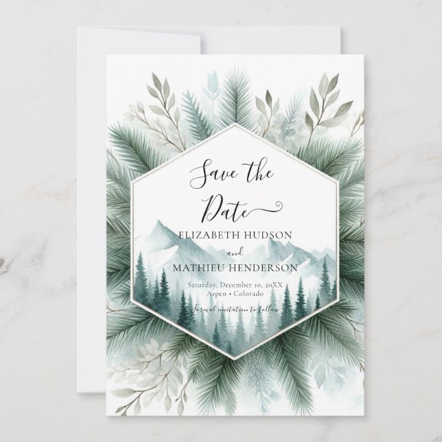 Editable Watercolor Mountain Wedding Save The Date (Vorderseite)