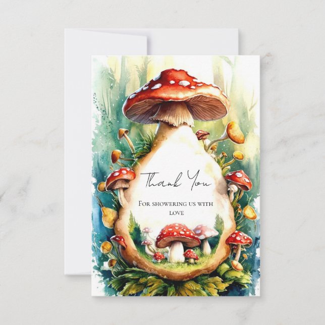 Editable Watercolor Mushroom Kinderdusche Dankeskarte (Vorderseite)