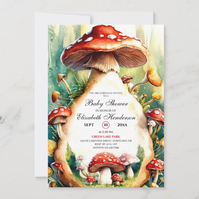 Editable Watercolor Mushroom Kinderdusche Einladung (Vorderseite)