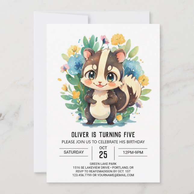 Editable Watercolor Skunk Boy Birthday Einladung (Vorderseite)