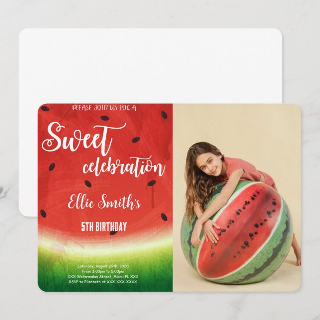 Editable Watermelon Birthday Foto Einladung (Vorne/Hinten)
