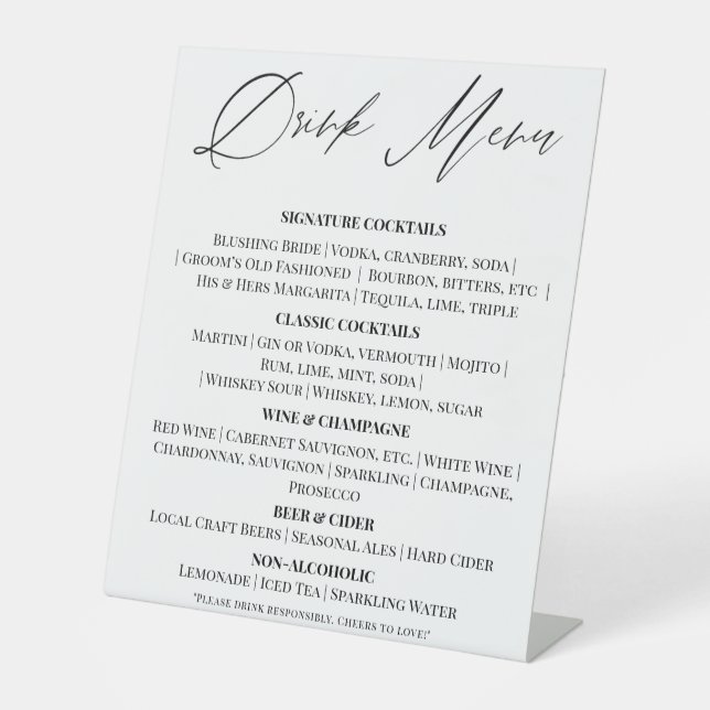 Editable Wedding Drinks Menu Tabletop Sign Sockelschild (Vorderseite)