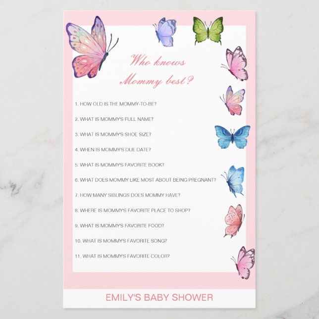 Editable Wer Mommy Best Baby Shower Game kennt (Vorderseite)
