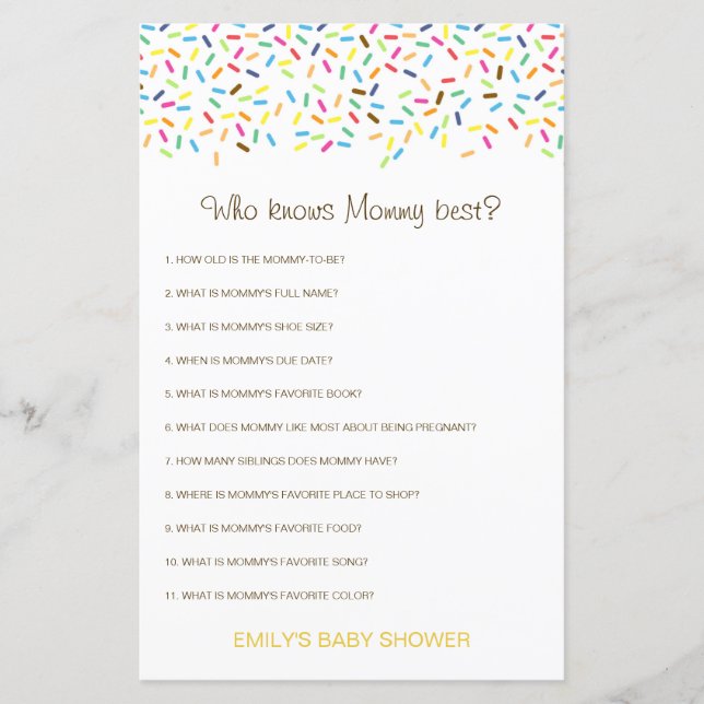 Editable Wer Mommy Best Baby Shower Game kennt (Vorderseite)