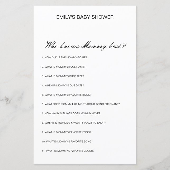 Editable Wer Mommy Best Baby Shower Game kennt (Vorderseite)