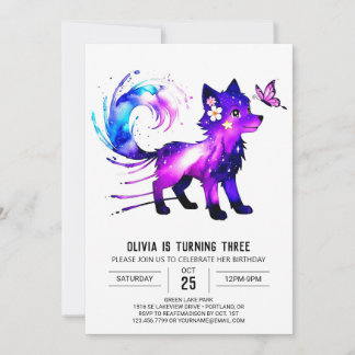 Editable Whimsical Wolf Digital Girl Geburtstag Einladung