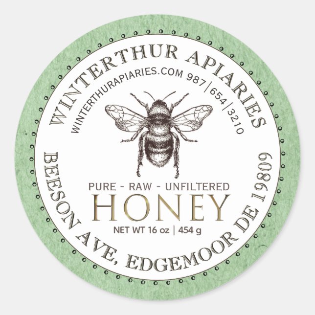 Editable White Green Kraft Honey Jar Bee Label Runder Aufkleber (Vorderseite)
