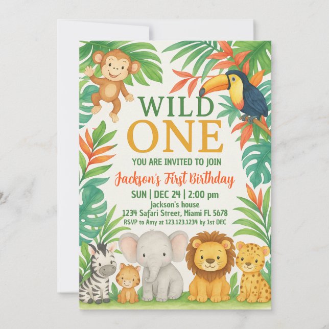 Editable Wild One Safari Einladung zum Geburtstag (Vorderseite)