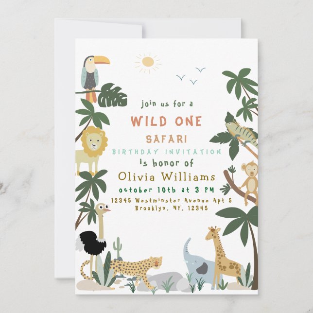 Editable Wild One Safari Invitation Template Einladung (Vorderseite)