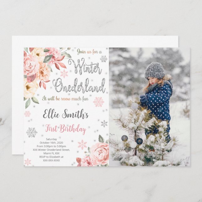 Editable Winter Wonderland Foto Einladung (Vorne/Hinten)