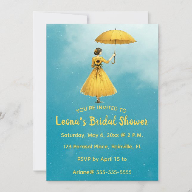 Editable Woman With Yellow Umbrella Bridal Shower Einladung (Vorderseite)