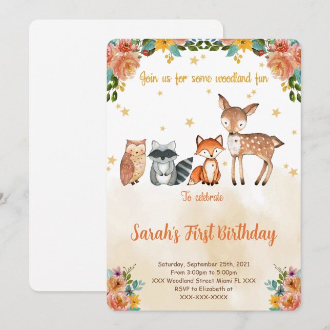 Editable Woodland Birthday Einladung (Vorne/Hinten)