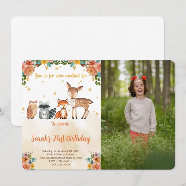 Editable Woodland Birthday Foto Einladung (Vorne/Hinten)