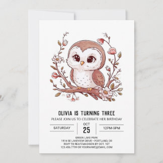 Editable Woods Digital Owl Birthday Einladung