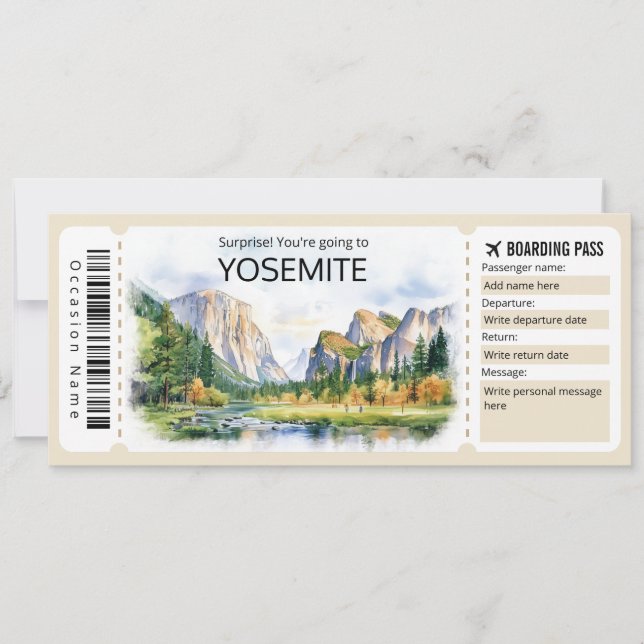 Editable Yosemite Flugzeug Ticket, Yosemite Trip Einladung (Vorderseite)