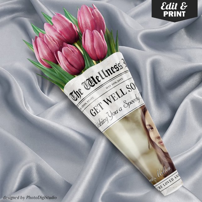 Editable Zeitung gut bald Blume Bouquet Geschenkpapier Set (Editable Newspaper Get Well Soon Flower Bouquet Wrapping Paper Sheets)