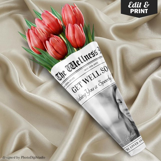 Editable Zeitung gut bald Blume Bouquet Geschenkpapier Set (Editable Newspaper Get Well Soon Flower Bouquet Wrapping Paper Sheets)