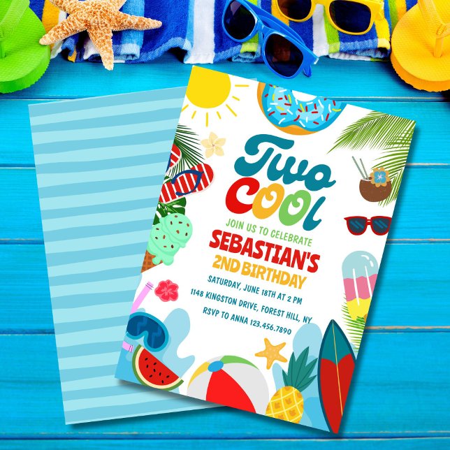 Editable Zwei Coole Pool Party Strand 2. Geburtsta Einladung (Summer-themed Two Cool invite – perfect for your two-year-old!)